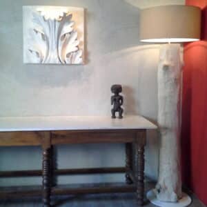 Lampadaire tronc bois flotté abat jour coton