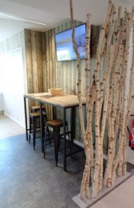 mur végétaux stabilisés et paravents en bois flotté et en troncs de bouleaux